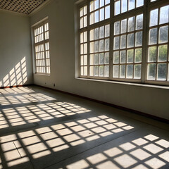 Bright sunlight creates square patterns of light and shadow on spacious room floor, highlighting large windows and serene atmosphere
