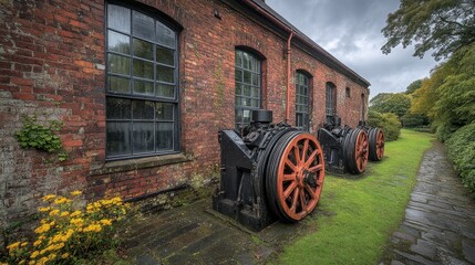 Obraz premium Old Brick Building with Vintage Industrial Machinery