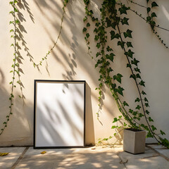blank frame placed near textured wall, surrounded by lush green ivy, creates serene and artistic atmosphere. interplay of light and shadow adds depth to scene