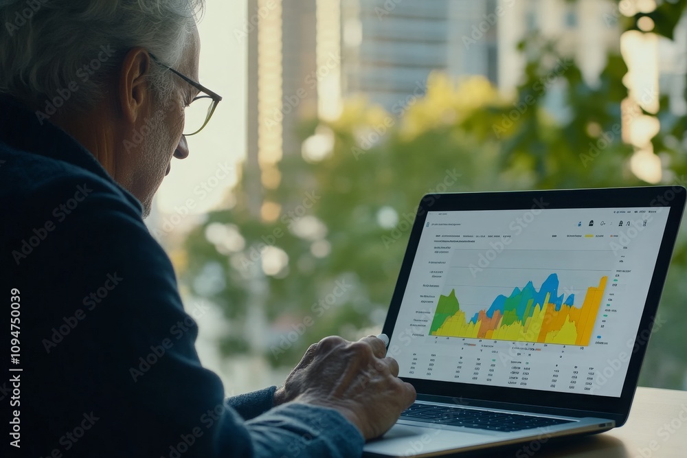 Poster senior man analyzing colorful data visualization on laptop in modern workspace with urban view, busi
