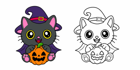 Outlined Cute Witch Cat hugging halloween Pumpkin. Coloring page outline of cute animals. Animals tracing worksheet. Kindergarten and preschool activity.