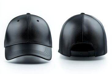 Fototapeta premium A grey background showcasing a mockup of black baseball caps, with views from the front and back.