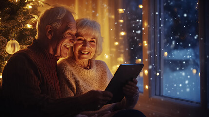 An elderly couple sitting beside a glowing Christmas tree, holding a tablet and smiling warmly as they video-call their family, with softly falling snow visible through the window.