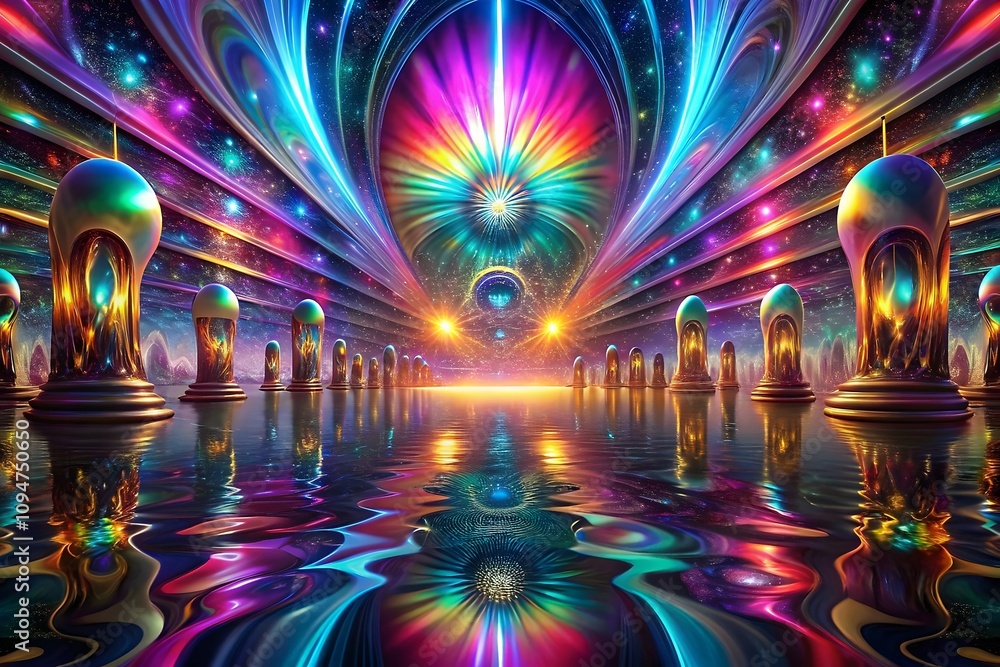 Poster vibrant cosmic reflection colorful patterns celestial light abstraction surrealism ethereal universe