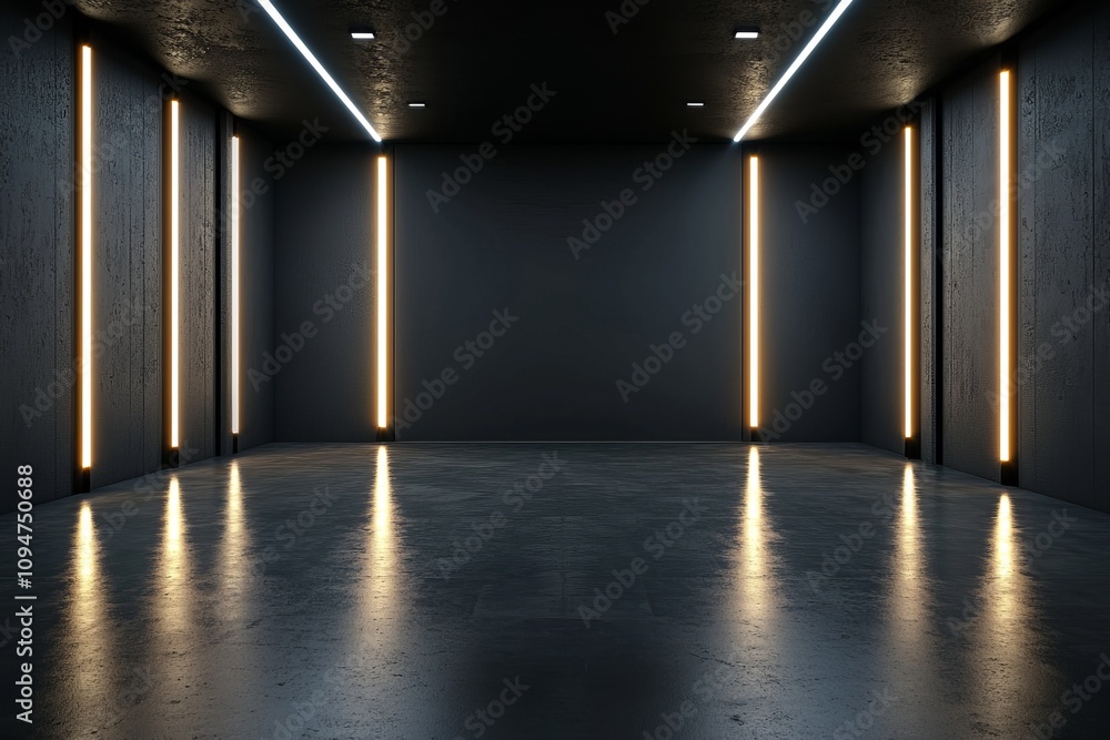 Aufkleber in a fashionable black room with led lights on the walls, a black partition stands with a clear spac