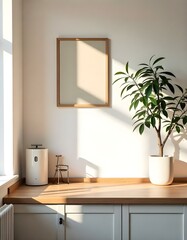 A minimalist kitchen counter with a potted plant, a wooden frame, and a window letting in natural light