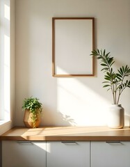 Fototapeta premium A minimalist kitchen counter with a potted plant, a wooden frame, and a window letting in natural light