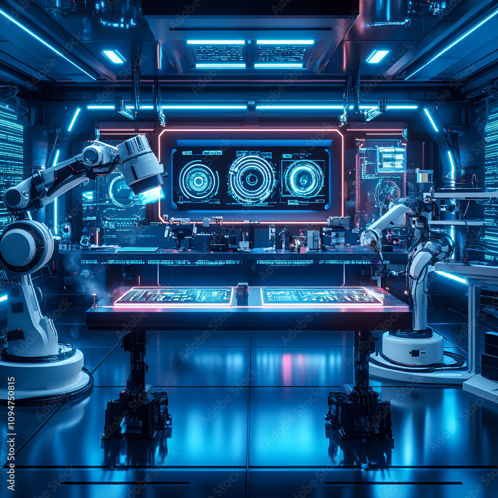 Poster innovative robotics laboratory showcase high-tech facility futuristic content digital environment cl