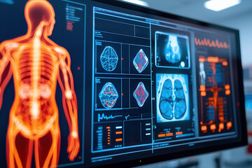 Artificial intelligence medical research and innovative solutions. Futuristic diagnostic station displaying holographic health data, including brain scans and anatomical visuals.