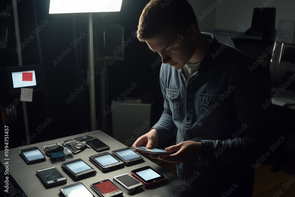 Poster young man analyzing multiple mobile devices under professional lighting in a studio setting, focusin