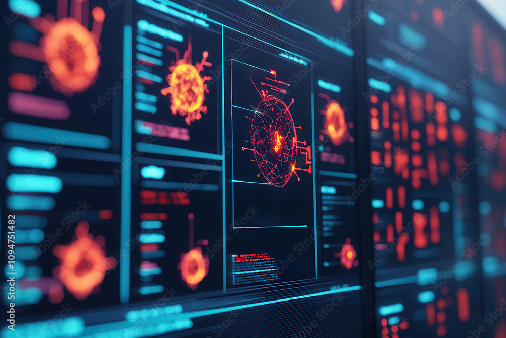 Poster artificial intelligence medical research and innovative solutions. visualizing cellular pathways in 