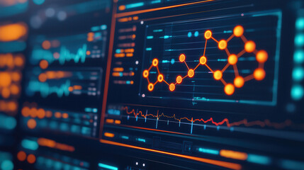 Artificial intelligence medical research and innovative solutions. High tech medical interface displaying data analytics and graphs, showcasing innovative technology in healthcare.
