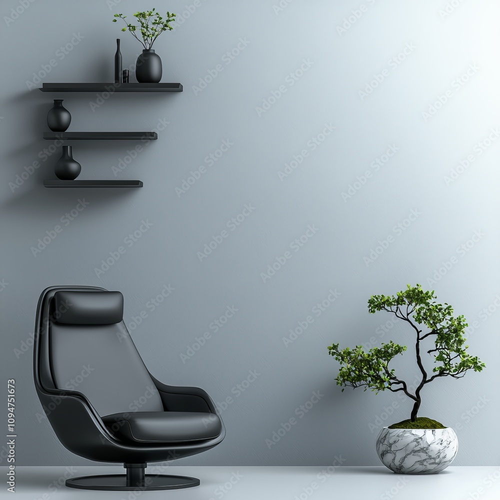 Poster Front view of a 3D rendering showing a canvas mockup in a minimalist interior with an armchair and rustic decor.