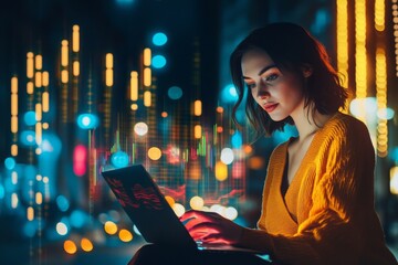 Young woman working on a laptop in a vibrant city setting at night, with colorful lights and digital graphics creating a modern and dynamic atmosphere