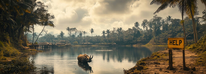 A Javan rhino wades through a tranquil river surrounded by lush greenery, emphasizing the urgent need for protection of endangered species in their ecosystem