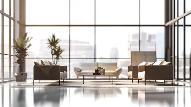 A high-end transparent image of a stylish business lounge with contemporary furniture, ideal for office space advertisements. 32k, full ultra HD, high resolution