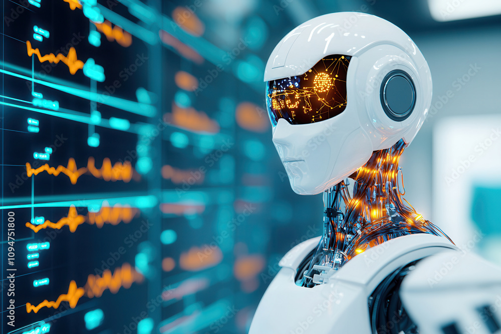 Poster artificial intelligence medical research and innovative solutions. futuristic robot with sleek desig