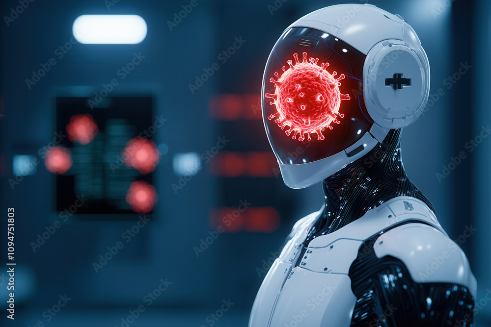 Poster artificial intelligence medical research and innovative solutions. robotic interface showcasing ai d