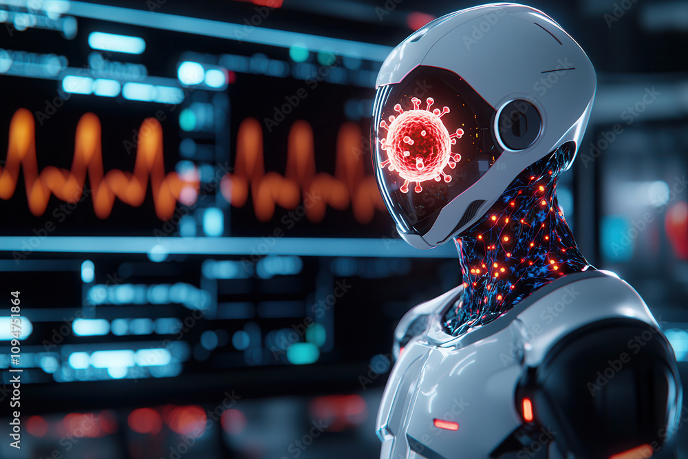 Poster artificial intelligence medical research and innovative solutions. futuristic robot with glowing, vi