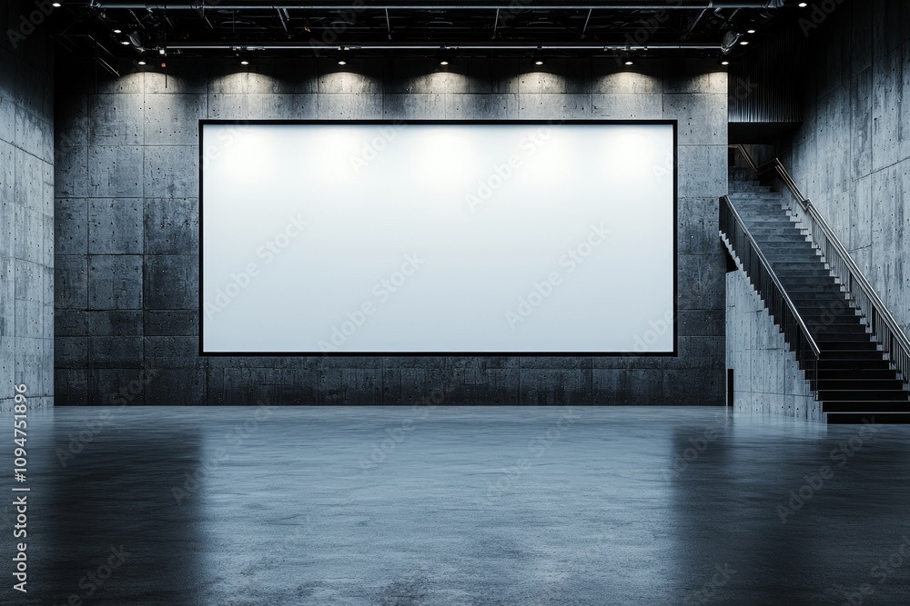 Poster A perspective shot of a large, blank white illuminated screen with an area for your text or logo, situated in a spacious empty hall with a stage and stairway. 3D rendering, mockup.