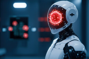 Artificial intelligence medical research and innovative solutions. Robotic interface showcasing AI driven insights with futuristic design.