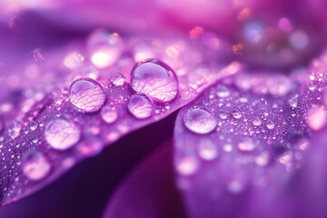 Close-up of dew drops on vibrant purple petals.