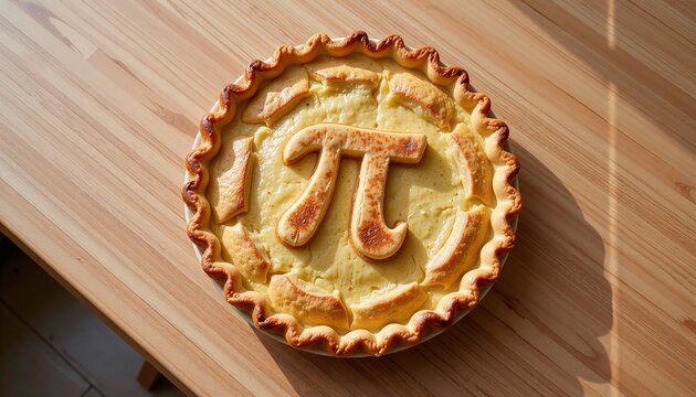 Round pie with a pi symbol design on a wooden table
