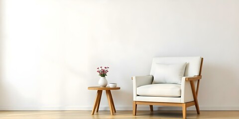 A minimalist living room with a white sofa, a wooden side table with a vase of flowers, and a wooden armchair against a plain white wall