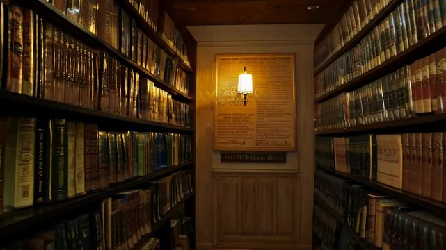 Cozy home library with warm lighting and zoom effect, creating an inviting atmosphere