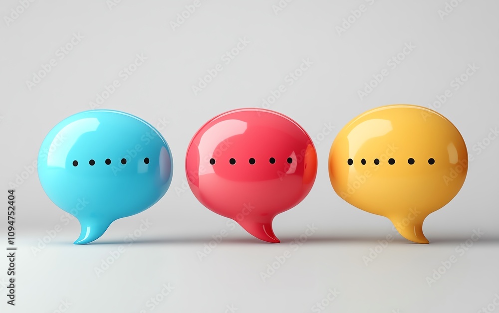 Poster 3d rendering of speech bubbles with dots on a white background, representing communication, dialogue
