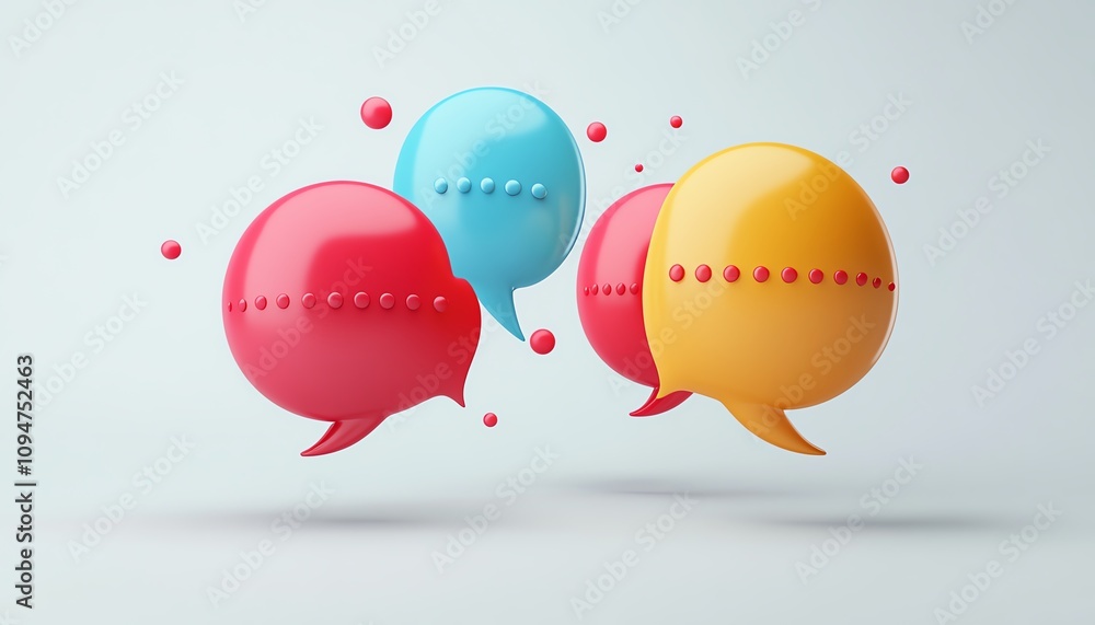 Poster 3d rendering of speech bubbles with dots on a white background, representing communication, dialogue