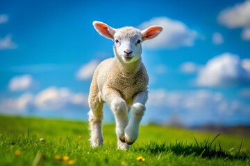 A joyful young lamb bounds through a vibrant green meadow under a bright blue sky, embodying the essence of spring and playfulness