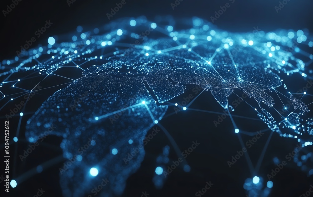 Poster blue world map with interconnected nodes and lines on a white background, 3d rendering, symbolizing 
