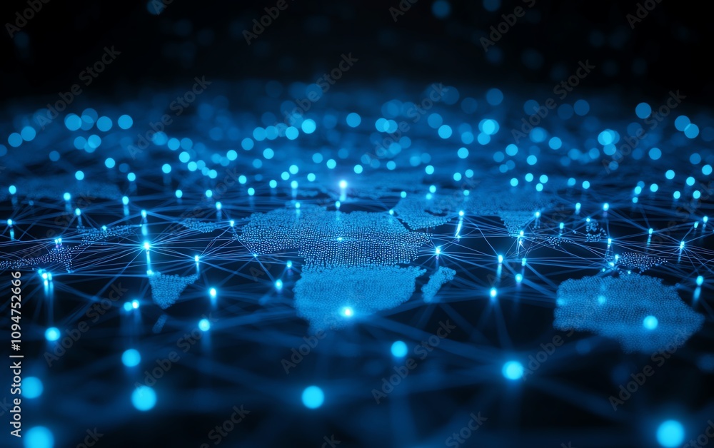 Poster blue world map with interconnected lines and nodes on a white background, 3d rendering, representing