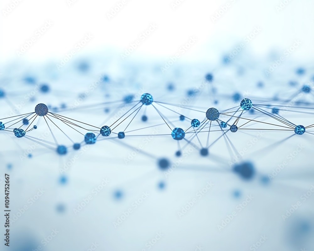 Poster blue world map with interconnected lines and nodes on a white background, 3d rendering, representing