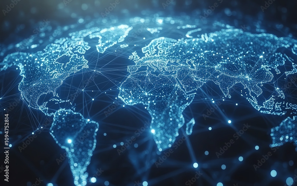 Poster blue world map with interconnected nodes and lines on a white background, 3d rendering, symbolizing 