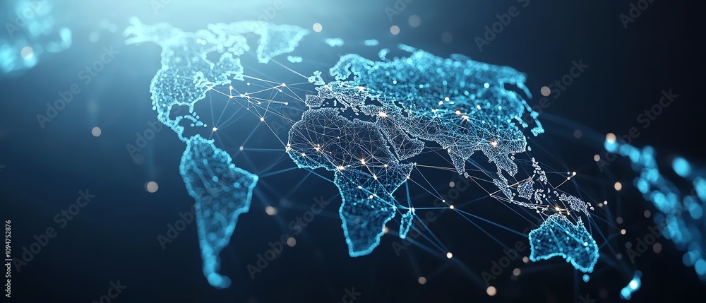 Poster blue world map with lines and nodes interconnected, 3d rendering on a white background, representing