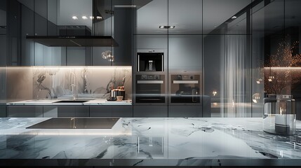 High-end elegant transparent image of a luxury kitchen with high-end appliances, marble countertops, and modern decor. 32k, full ultra HD, high resolution