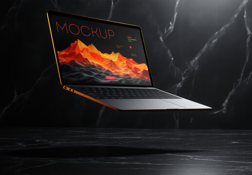 Floating Laptop Mockup on Dark Marble Background &ndash; Realistic Tech Presentation Scene for UI or Web Design
