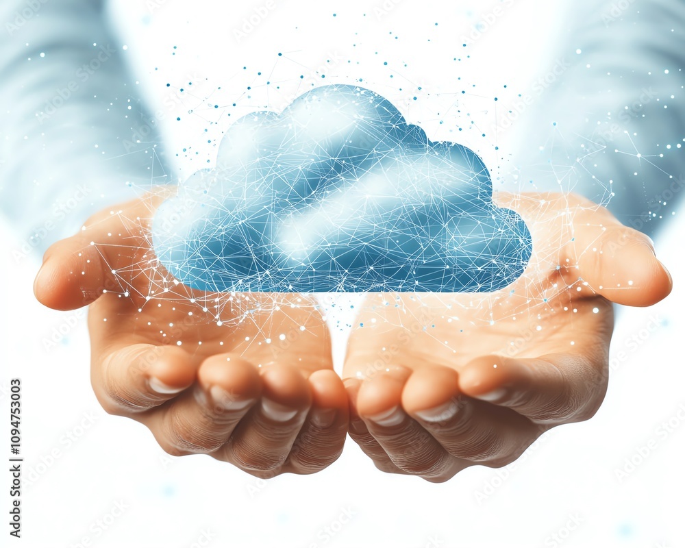 Poster hands presenting a cloud technology graphic with connected network icons on a white background, 3d r