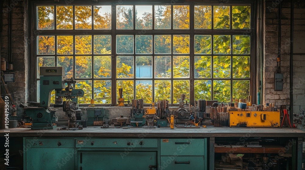 Poster a cluttered workbench with a large window overlooking a lush garden