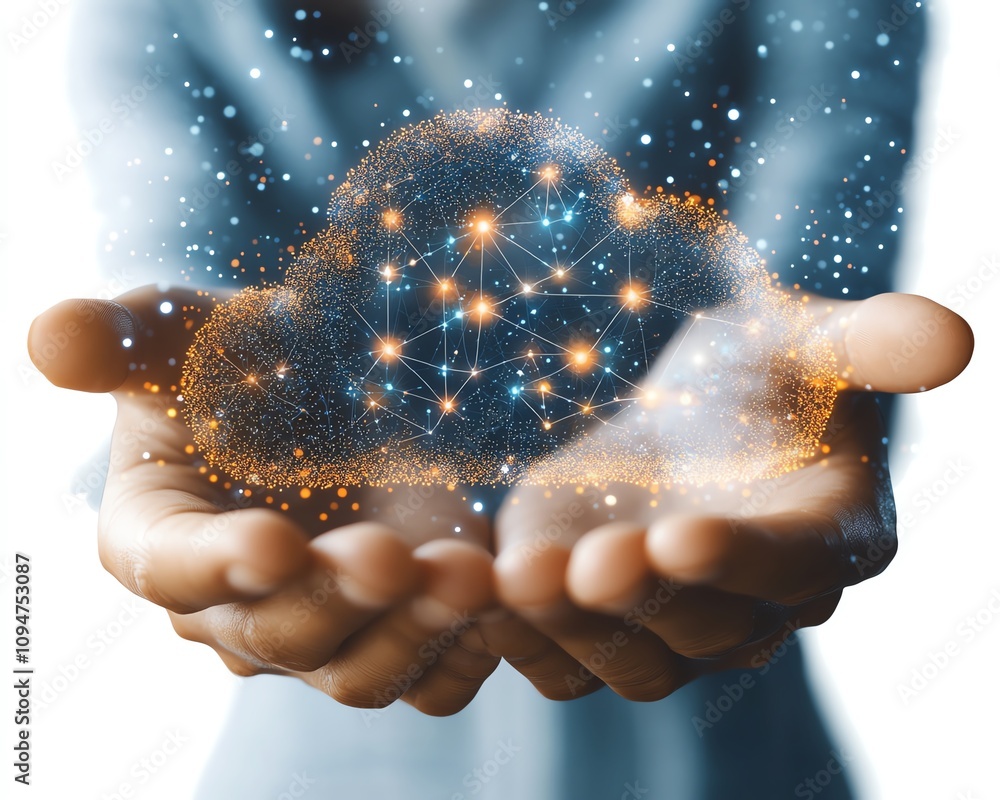 Poster hands presenting a cloud technology graphic with connected network icons on a white background, 3d r