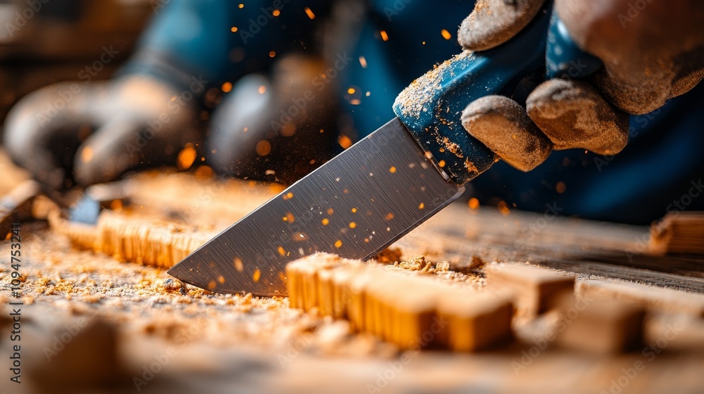 Poster close-up of a carpenter using a chisel to shape wood