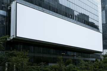 Obraz premium A white template placeholder for an advertising billboard is displayed on the rooftop of a mall, with trees framing the scene.
