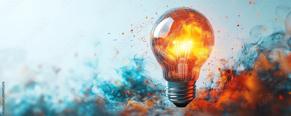 Poster light bulb with business sketches and charts on a white background, 3d rendering, representing creat