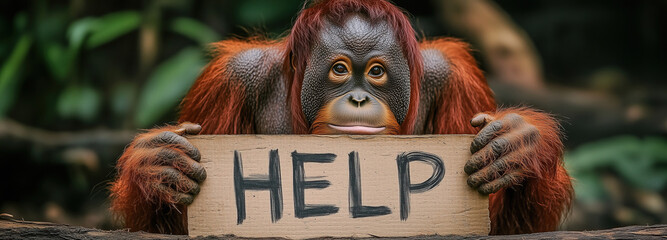 Tapanuli orangutan holding a sign pleading for help to raise awareness about endangered species and conservation efforts