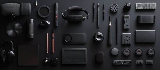 Obraz premium Flat lay of various black tech gadgets and accessories on a dark surface.