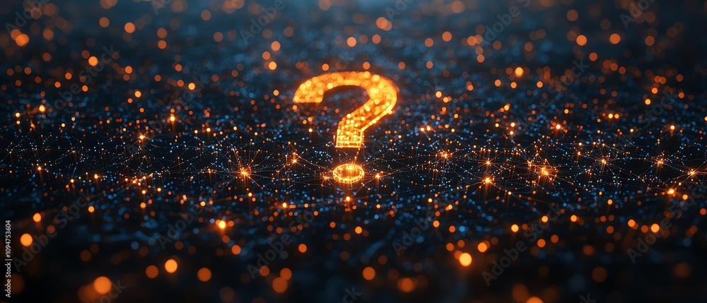 Poster question mark network illustration, 3d rendering of glowing connections and nodes, representing sear