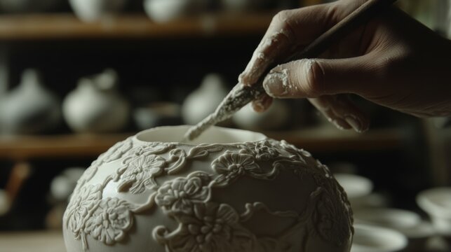 Close-up of a potter's hand etching intricate floral designs onto a ceramic vase, highlighting traditional craftsmanship and artisan skills.