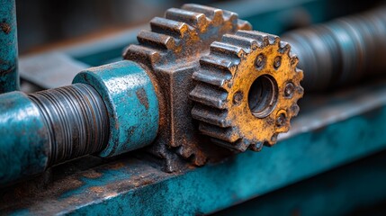 Close-up of a Rusty Gear and Shaft with a Blue Metal Background